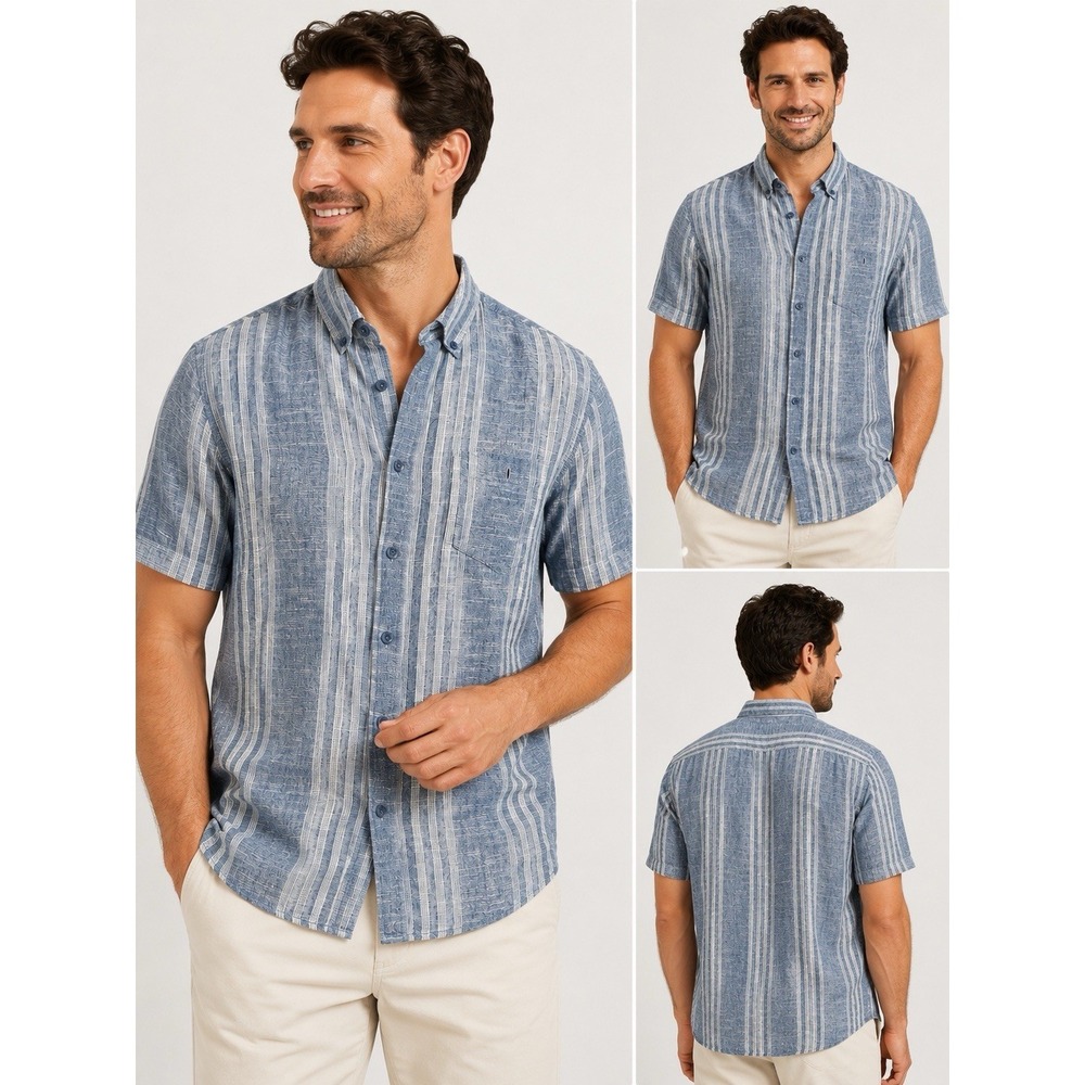 Weatherproof Vintage Men's L Regular Linen/Cotton Woven Blue Stripe SS Button-Up - Picture 7 of 7